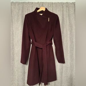 Michael Kors Wool Belted Coat. Medium. Wine. Gold finishes.